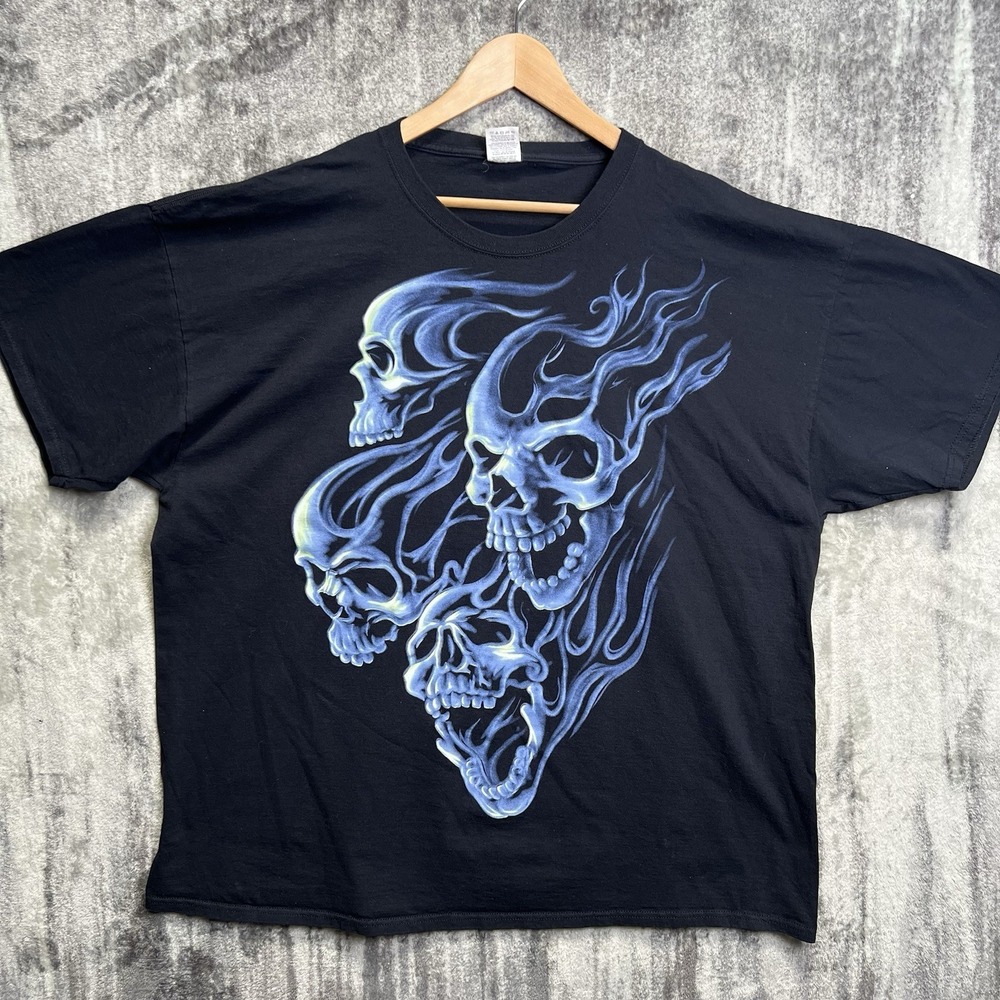 Vintage Y2K Blue Flame Skull Black T Shirt Size 3XL